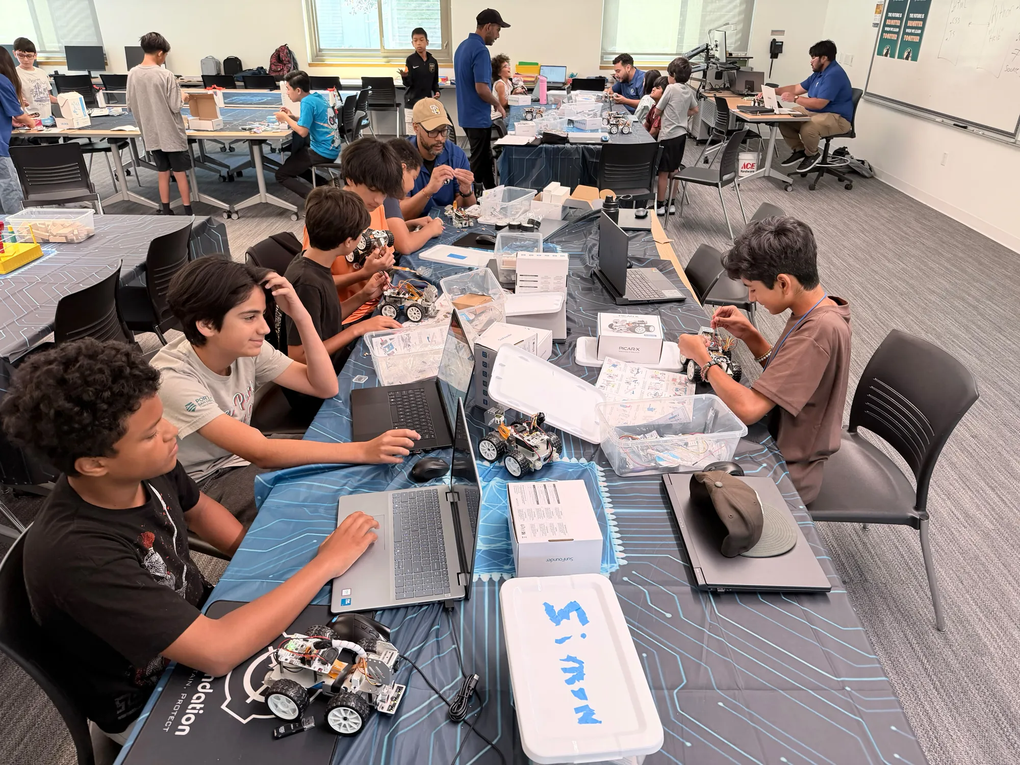 Overhead view of students working in class